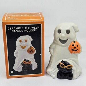 Vtg Kmart Halloween White Ghost JackOLantern & Black Cat Candle Holder